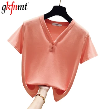 

gkfnmt 2019 Sexy V-Neck Summer Korea Style T-shirt White Button Cotton Short Sleeve Women Tshirts Casual T Shirt Femme Tops