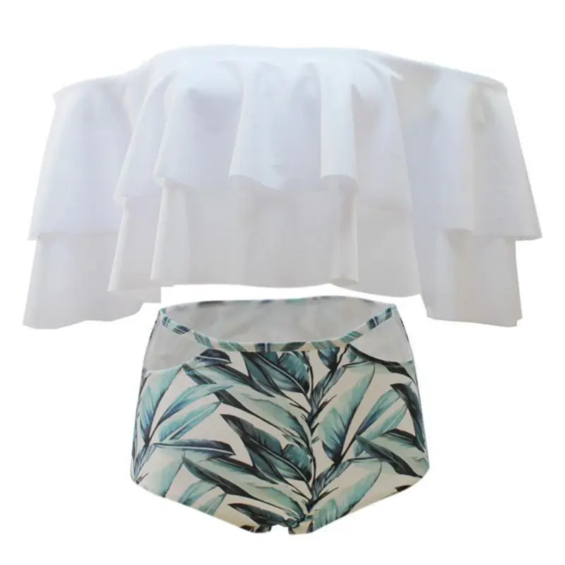 

2018 Women New Sexy Bikinis Swimwear Set with High Waist Printing patterns Panits and Solid upper with Chest Pad