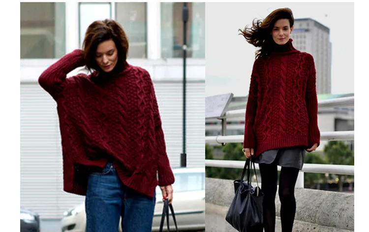 100% ручная работа козьей кашемировая вязаная женская мода Широкие свободные пуловеры свитер средней длины куча воротник S-XL Розничная
