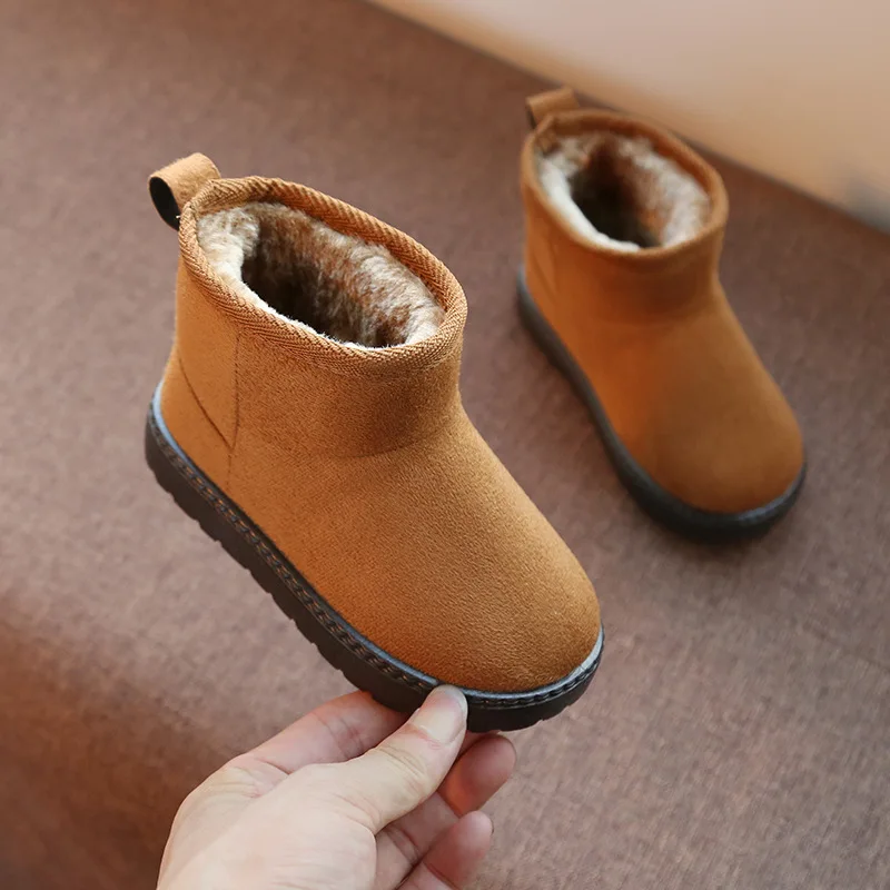 Новинка; зимние детские ботинки для девочек; теплые плюшевые ботинки с мягкой подошвой для мальчиков и девочек; кожаные зимние ботинки для детей; хлопковая обувь - Цвет: Light brown