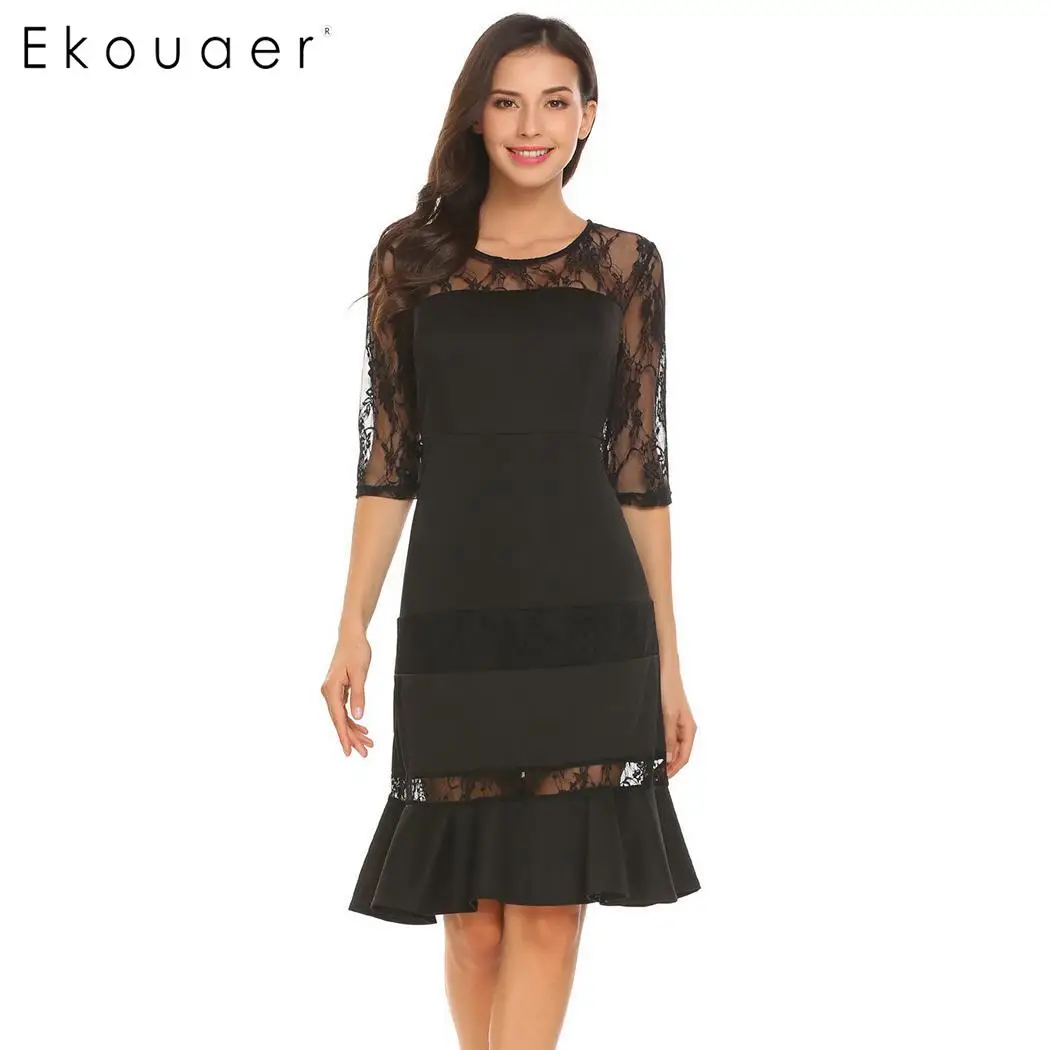 

Ekouaer Women Elegant Pencil Dress O-Neck Medium Sleeve Lace Patchwork Ruffle Hem Knee Length Sexy Dress Ladies Office Dress