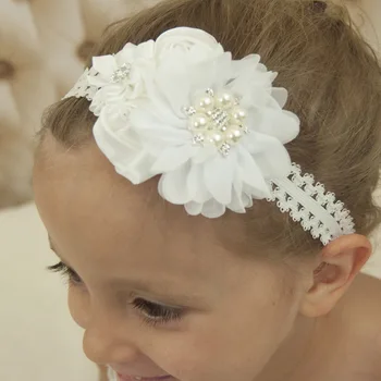

3PCS Puff Flowers Rose Buds Flower with Pearl Rhinestone Flower headbands Lace Hairband Fancy Outfit Baptism Gift