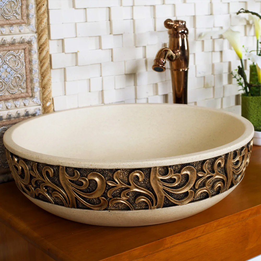 

European archaize toilet stage basin. Art of carve patterns or designs on woodwork lavabo that wash a face
