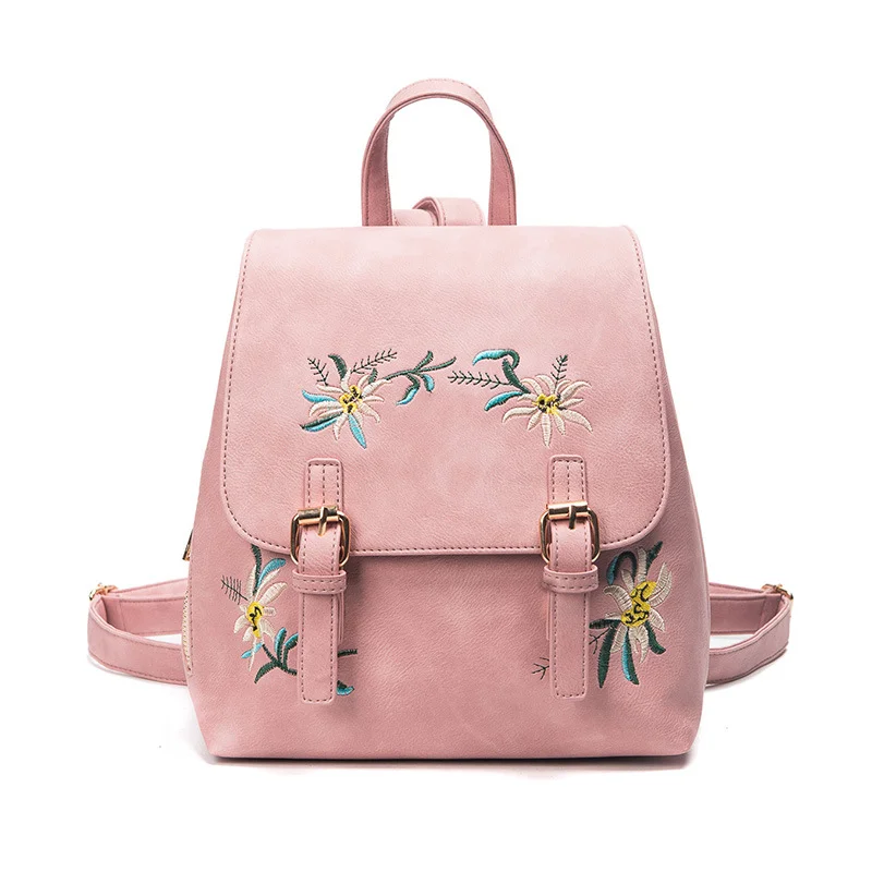 

Fashion Women Backpack Floral Embroidery Luxury Leather Backpacks Lady Simple Style Softback Shopper Bag Pink Mochila 2019 New