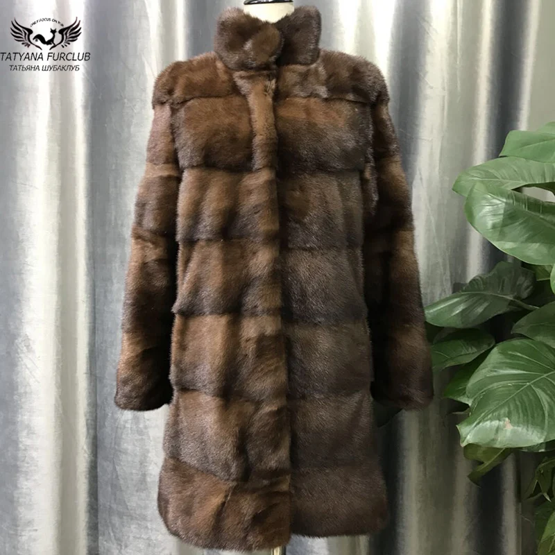 Женская шуба из натурального меха норки Tatyana Furclub длинная кофейного цвета с