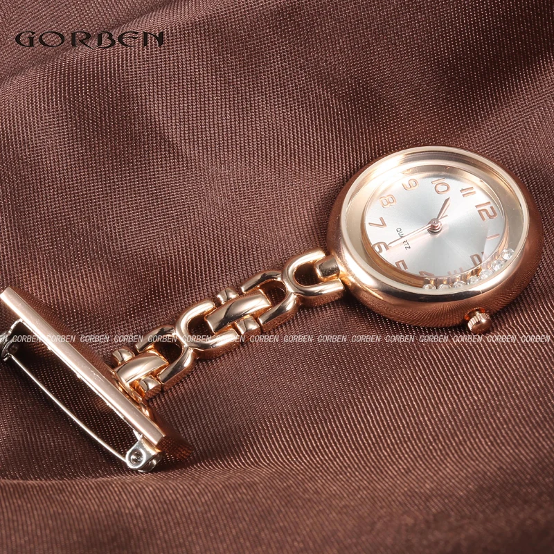 Модные Новое поступление аналоговый брошь Медсестра кварцевые карманные часы Круглый Форма розовое золото Кристалл женские часы подарки
