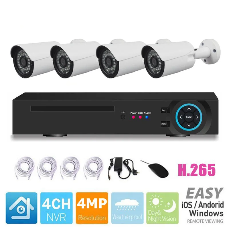 

H.265 4 Channel 4MP POE NVR With 4PCS Outdoor Bullet 4.0MP Full HD POE IP cameras 4CH POE NVR Set CCTV Kit Security System