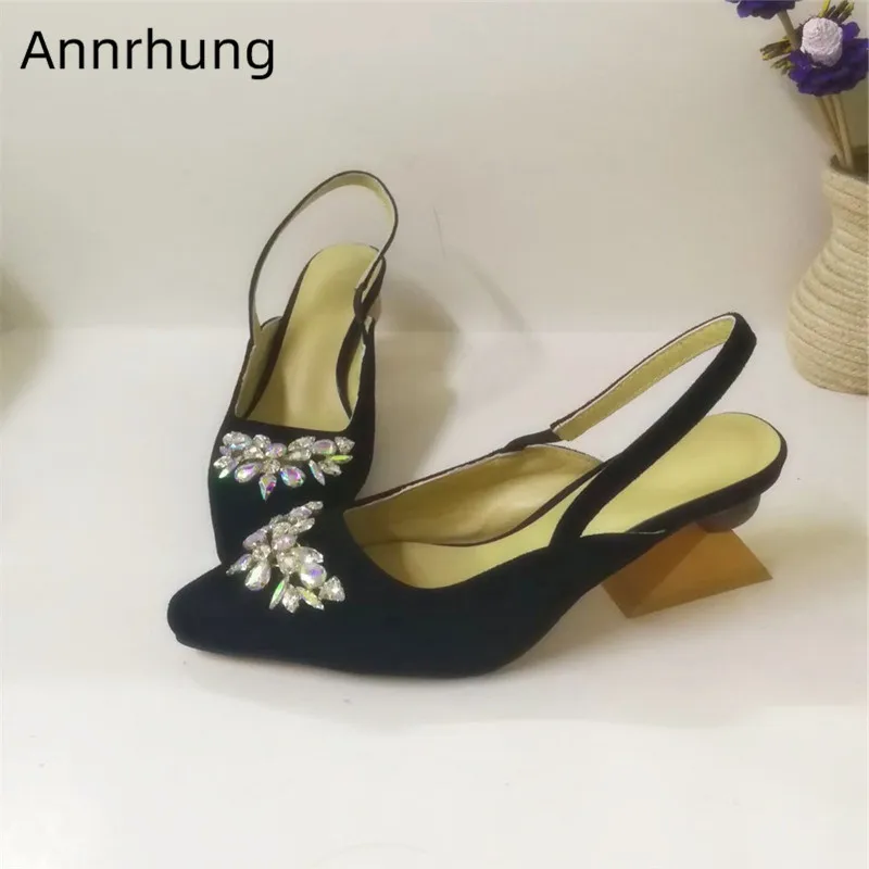 

Asymmetrical Building Block Heel Sandals Women Crystal Flower Pointed Toe Back Strap Shoes Suede Strange Heels Zapatos De Mujer