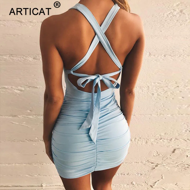 

Articat Cross Bandage Sexy Lace Up Backless Summer Dress Women V Neck Hollow Out Bodycon Mini Dress Casual Pleated Beach Dress
