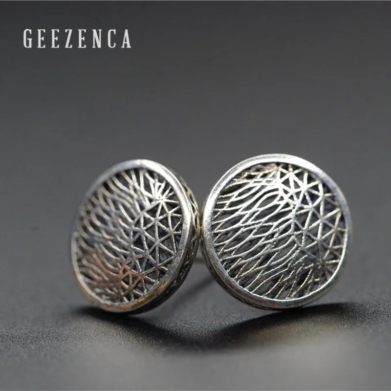 

GEEZENCA- 925 Handcrafted Thai Silver Hollow Design Round Shape Stud Earrings Vintage Fine Jewelry for Women Elegance Vintage