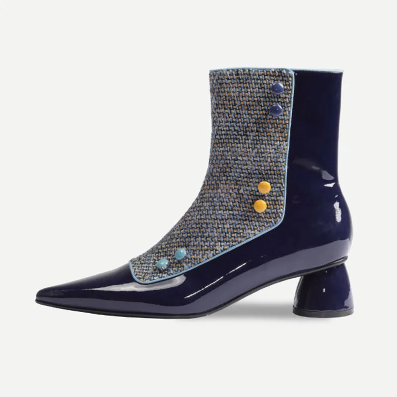 Винтажные синие женские полусапожки из лакированной кожи; пикантные ботильоны с острым носком; клетчатые зимние ботинки «Челси» на высоком квадратном каблуке; Botine Mujer