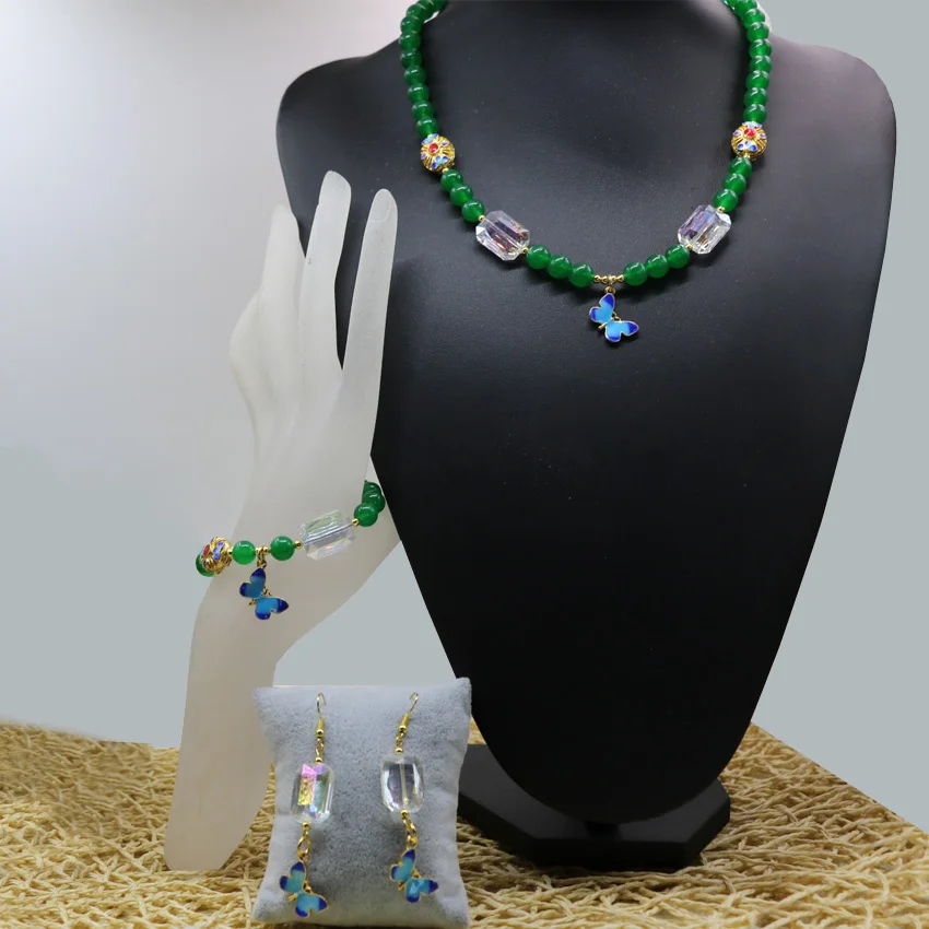 Bohemia style 8mm natural green jade semi-precious stone jasper round beads bracelets necklace earrings women jewelry set B2928