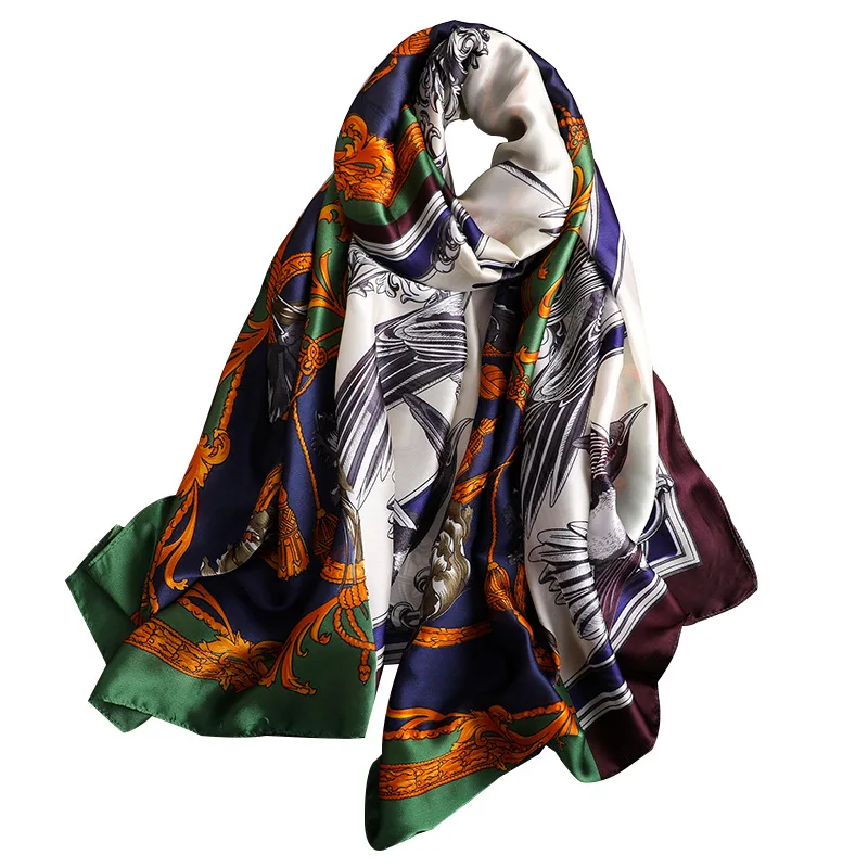 

2019 180x90cm Fashion Women Spain Silk Bandana Luxury Animal Peacock Silk Scarf Female Print Head Hijab Snood Wome Foulard Shawl