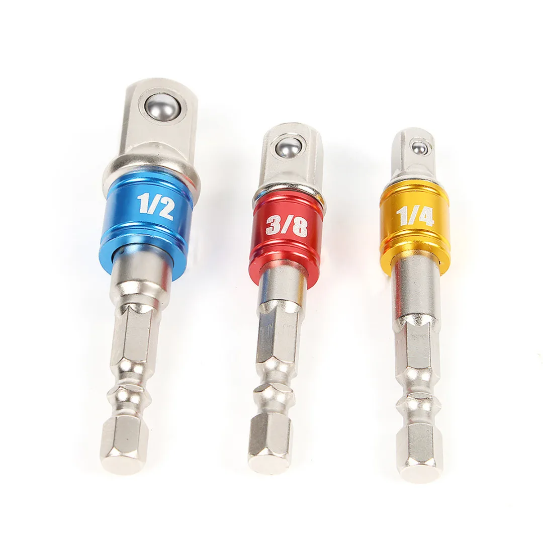 3pcs Drill Socket Adapter for Impact Driver with Hex Shank to Square Socket Drill Bits Bar Extension Set 1/4" 3/8" 1/2 Bit Set