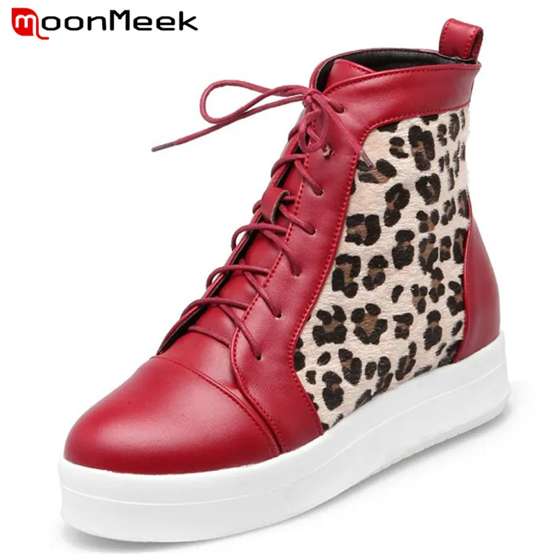 

MoonMeek New boots women 2017 hot sale ankle boots large 34-43 leopard pu horse hair flat platform shoes lace up college wind