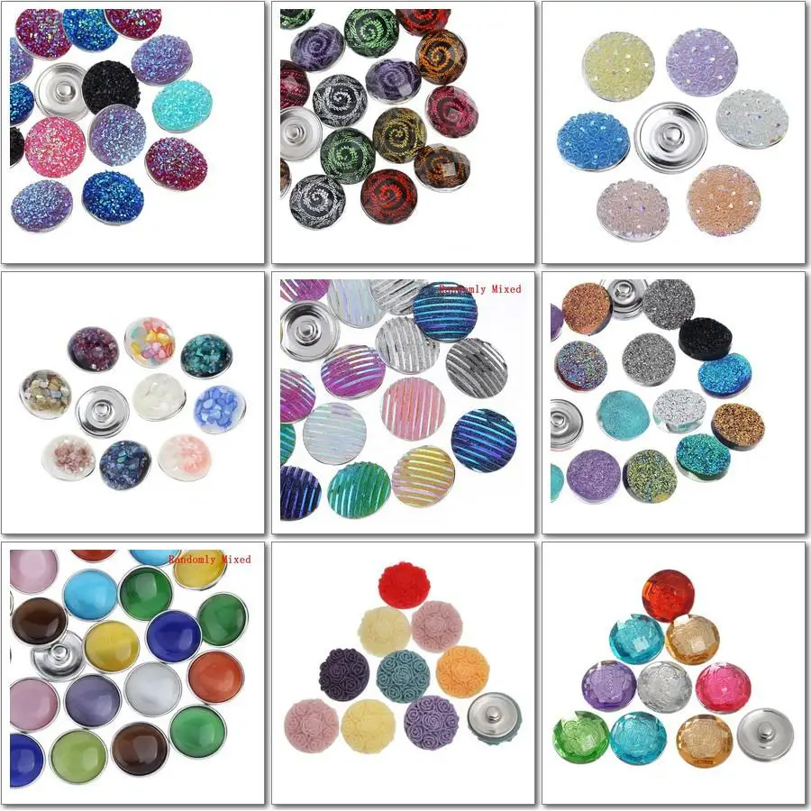 

wholesale 60pcs/lot cute19 styles Mix colors Metal press button charm 18mm resin diy snaps button jewelry for women men