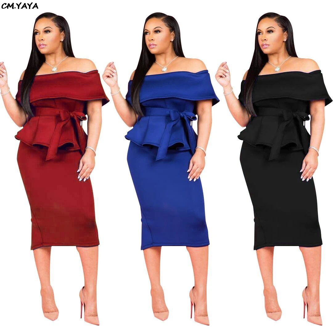 

2019 women off shoulder slash neck butterfly sleeve ruffles hem top split back midi skirts suit 2pcs set tracksuit dress W8166