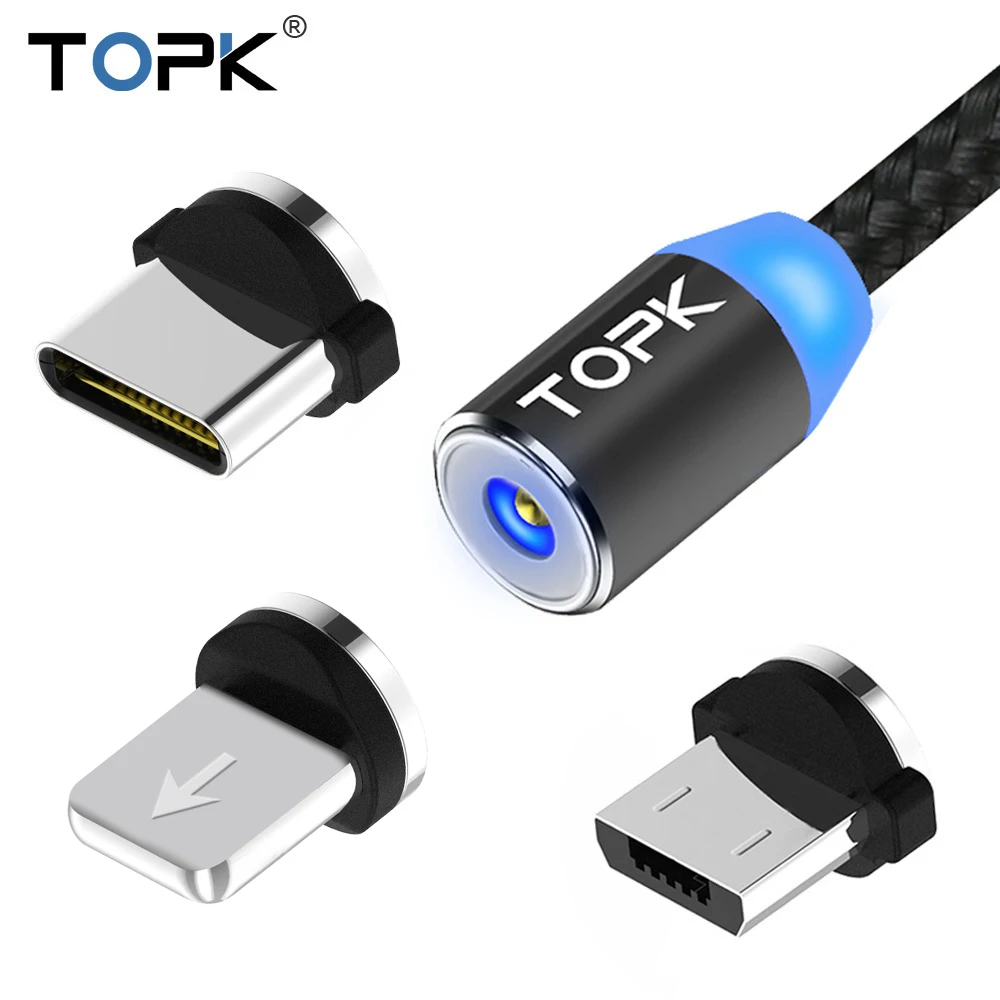 TOPK RLine2 LED Magnetic USB Cable For iPhone 6 7 8 Plus 5s SE iPad Air Magnet Charger Cable USB Type C & Micro USB Cable