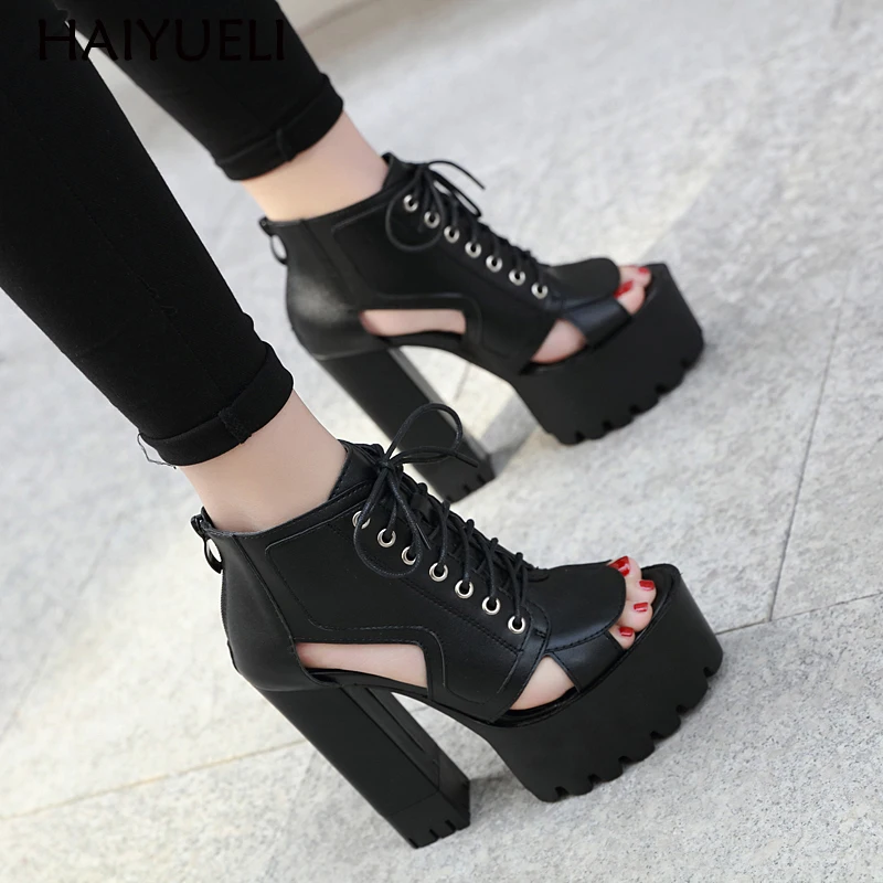 

15cm High Heels Sandals Black Cross Strappy Platform Shoes Back Zipper Gladiator Sandals Fashion Open Toe Shoes Sandales Femmes