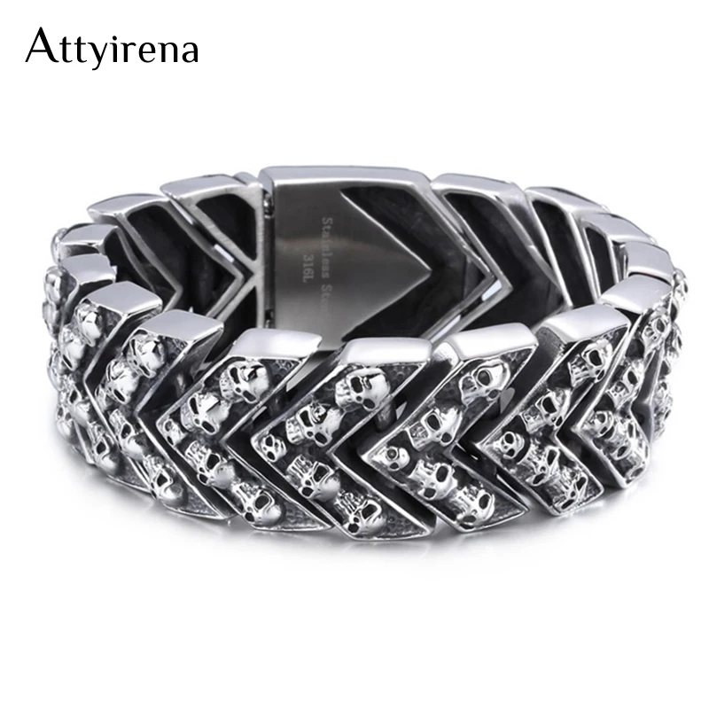 

ATTYIRENA 25MM Wide Heavy Mens Bracelets Punk Skull Bracelet Men Biker Motorcycle Jewelry Stainless Steel Wrap Bracelet Bangles