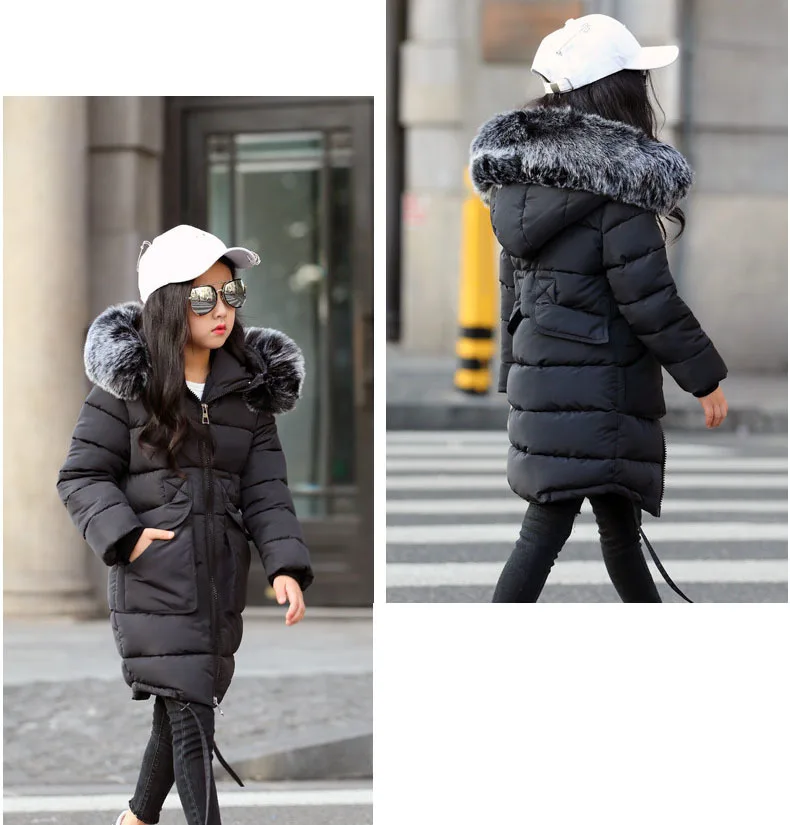 Длинное зимнее пальто для девочек с капюшоном, отделанным мехом черный, розовый синий на подкладке из хлопка куртка для девочек детские пальто Теплые подростков детская верхняя одежда