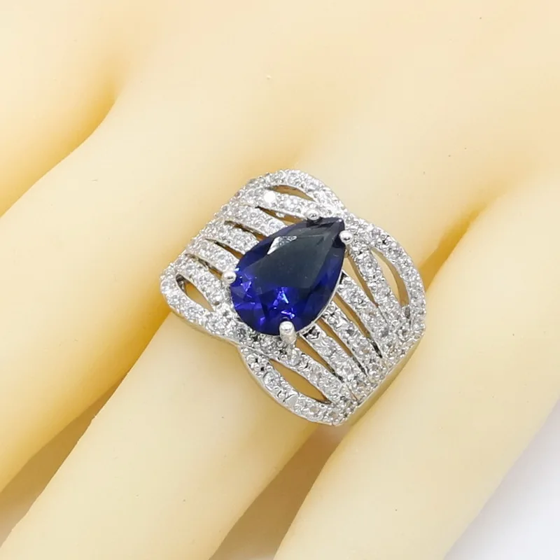 Королевский синий полудрагоценный 925 Серебряный свадебный ювелирный набор для женщин браслет обруч серьги ожерелье кулон кольца Подарочная коробка