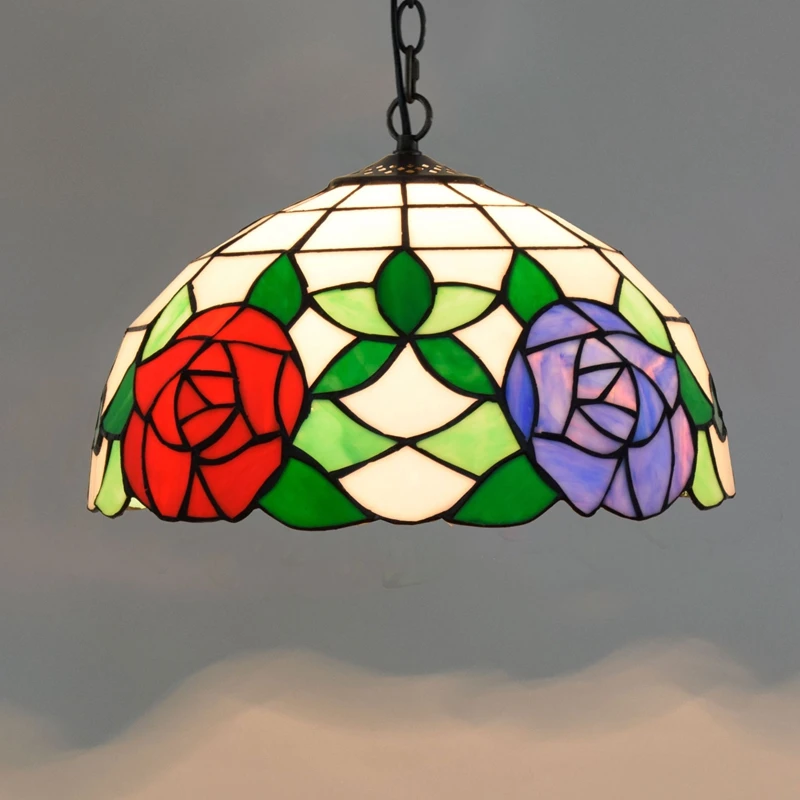 

American Pastoral creative color glass living room restaurant art glazed red rose lamp 30CM Pendant Lights E27 LED Light