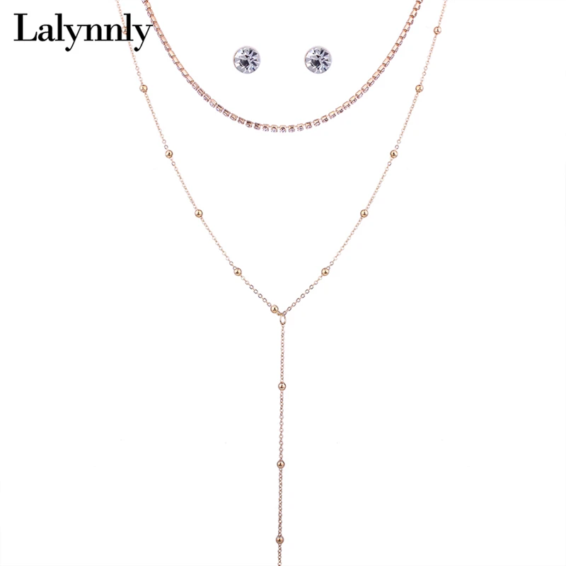 

Lalynnly Long Double Chain Rhinestone Necklace Set Metal Choker Necklace for Women Crystal Stud Earrings Fashion Jewelry N61141
