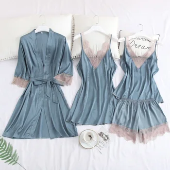 

Sexy Silk Satin Robe+Gown+Pyjama Set 4 Pieces Lace Bathrobe Nightdress Sleepwear Set Summer Spring Nightwear For Women