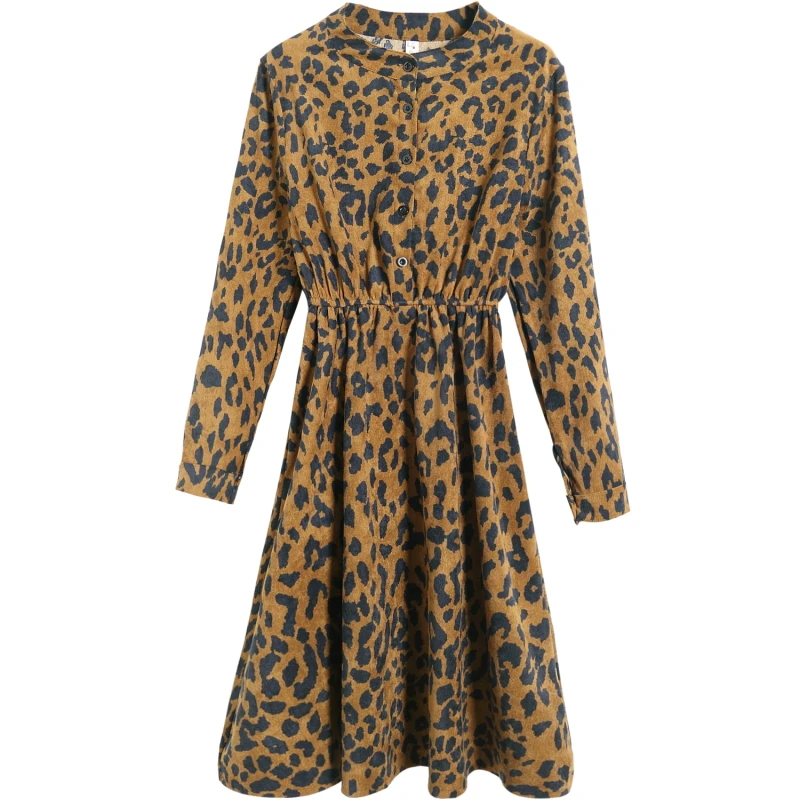 Осенне-зимнее платье с леопардовым принтом, новинка, модное вельветовое женское платье цвета хаки с длинными рукавами, mori girl vestidos
