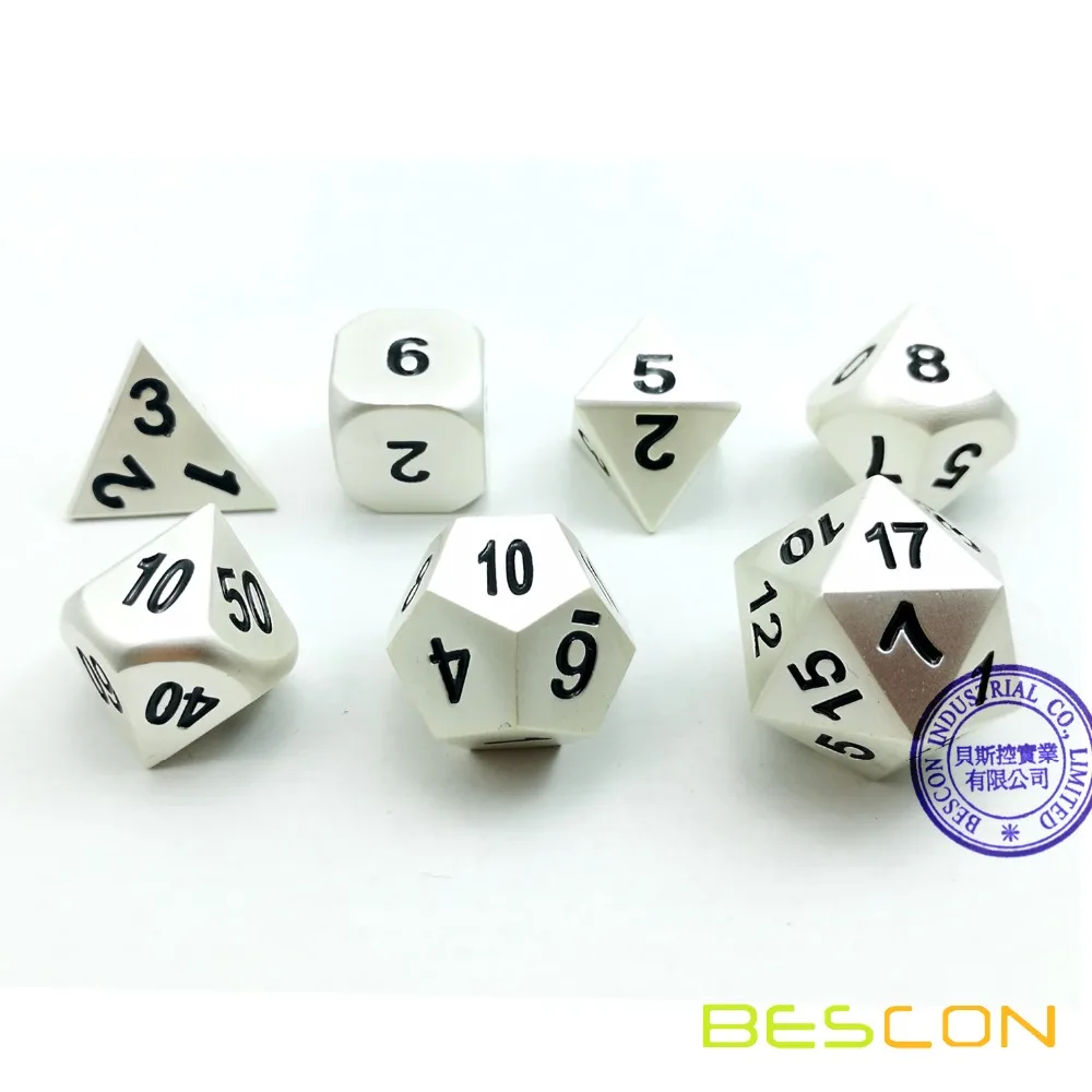 Bescon RPG Metal Dice Set of 7 Matt Pearl Silver Effect Solid Metal Polyhedral RPG Role Playing Game Dice 7pcs Set 4