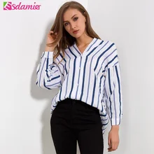 

New Arrival Blue Striped Casual Blouses Women Spring Long Sleeve Drop Shoulder Loose Blouses And Shirts V Neck Women Tops Blusas