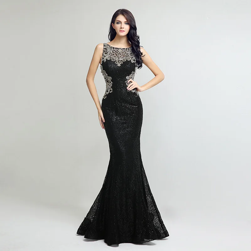 Elegant Lace Long Mermaid Prom Dresses Black Sequin Beading Crystal Illusion Back Evening Party Gown Formal Robe De Soiree OL171