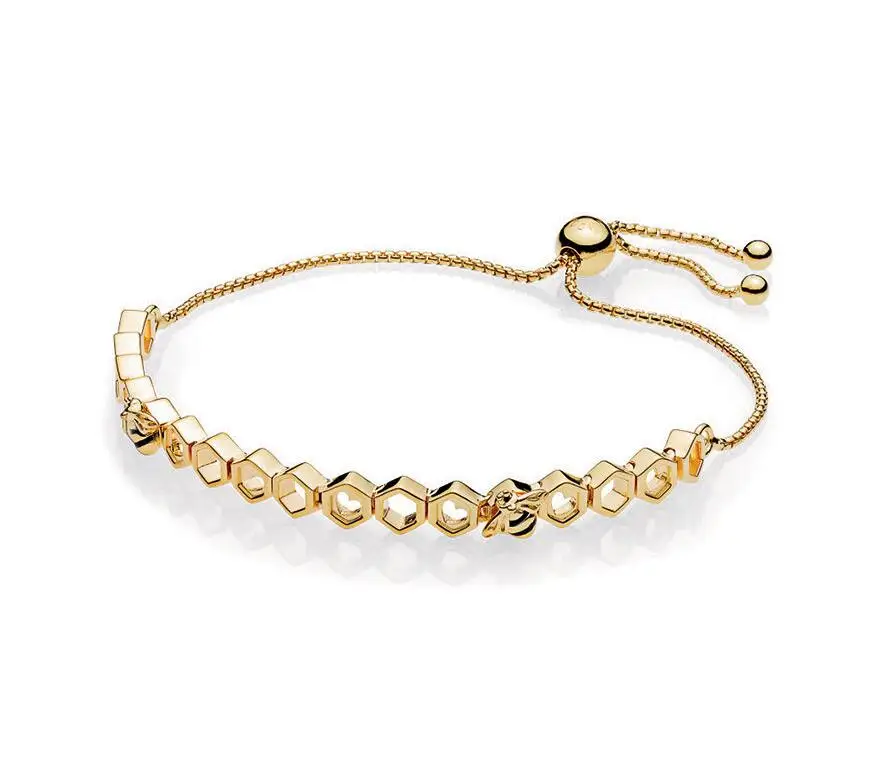 

925 Sterling Silver Gold Shine Original Limited Edition Honeybee Pan Bracelet Fit Bangle Bead Charm DIY Jewelry