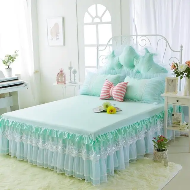 Summer cotton lace bed skirt bedspread single piece Korean version of the solid color denim