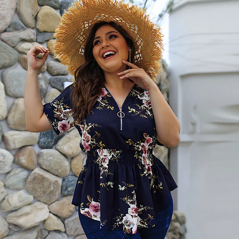 

WHZHM Plus Size 3XL 4XL Tops Blouse Ladies Short Sleeve Party Office V-Neck Casual Zippers Loose Floral Chiffon Shirt Female
