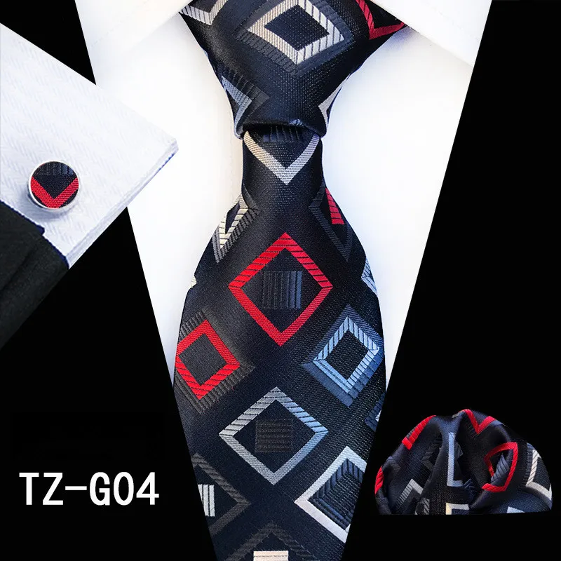 Новый классический темно-красные, синие галстук для Для мужчин шелковой ткани жаккард галстук, носовой платок, Запонки Набор для Для мужчин