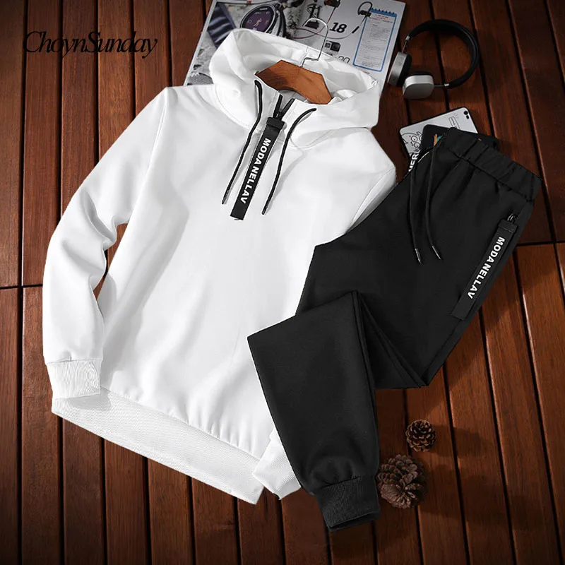 ChoynSunday, Хит, весна-осень, мужской спортивный костюм из двух частей, комплекты, пуловер, худи, штаны, спортивная одежда, костюм, мужские толстовки, размера плюс M-5XL - Цвет: Белый