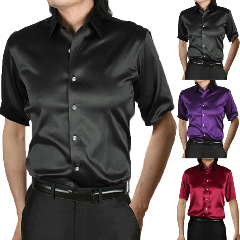 Mens Silk Shirt Short Sleeve Turn Down Collar Solid Slim Fit Dress ...