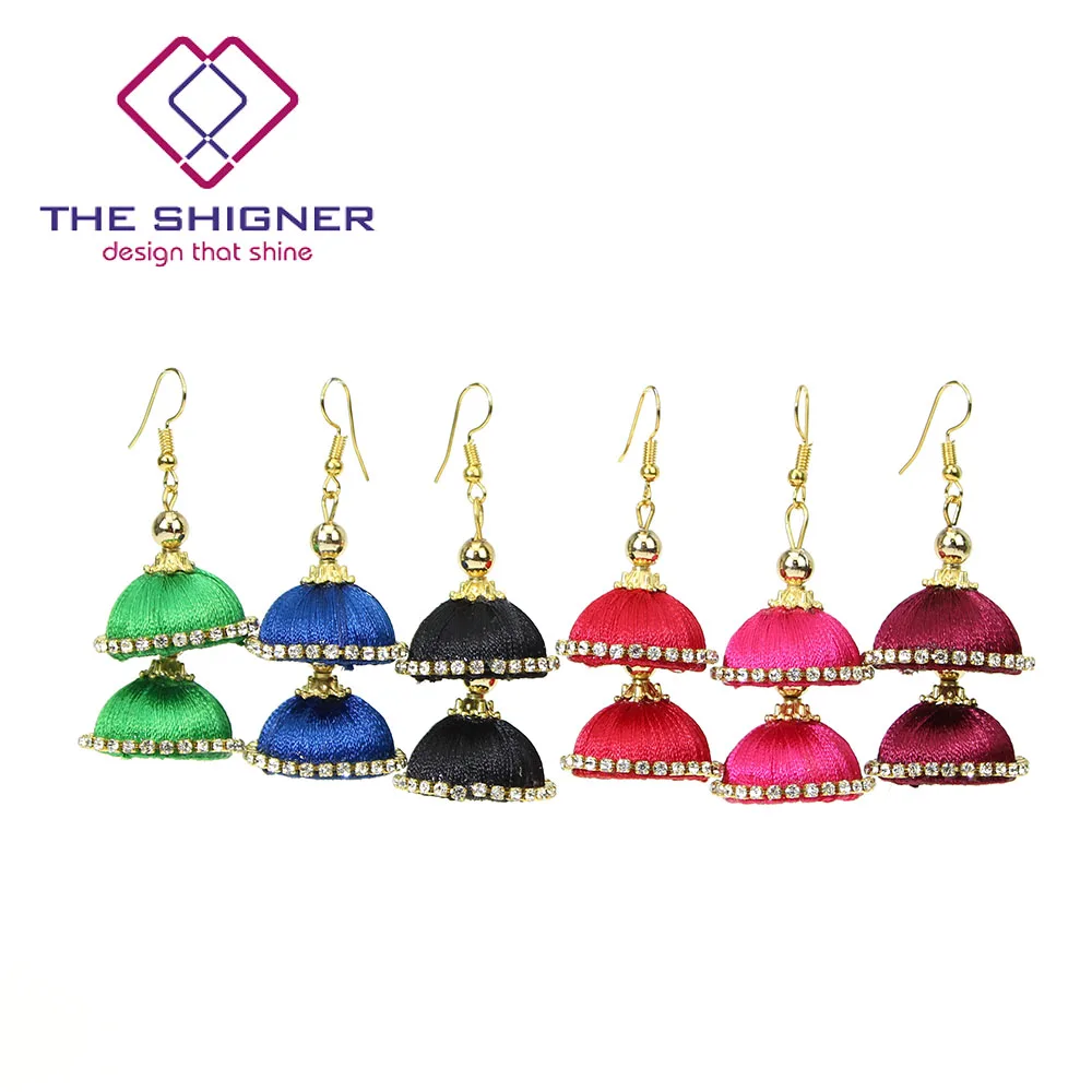 THE SHIGNER Indian Handmade Silk Thread Dangle & Drops Ethnic Chandelier Earrings Two Layer
