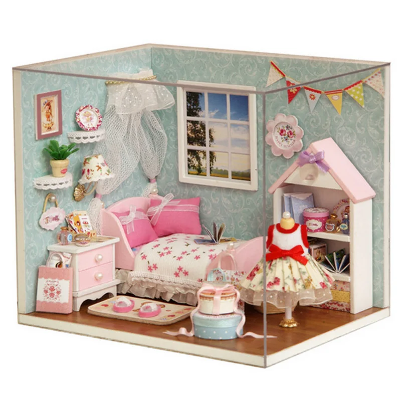 Dollhouse Room Diy Toy House Happy Little World Miniature Assemble Kits Lighting Miniature Dollhouse Handmade Wooden House Toy