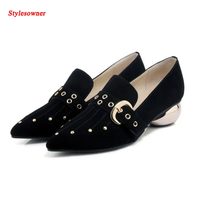 

Stylesowner 2017 Spring Autumn Women Rivet Shoes Strange Med Heel Metal Buckle Strap Decoration Shoes Fashion Slip on Flats Shoe