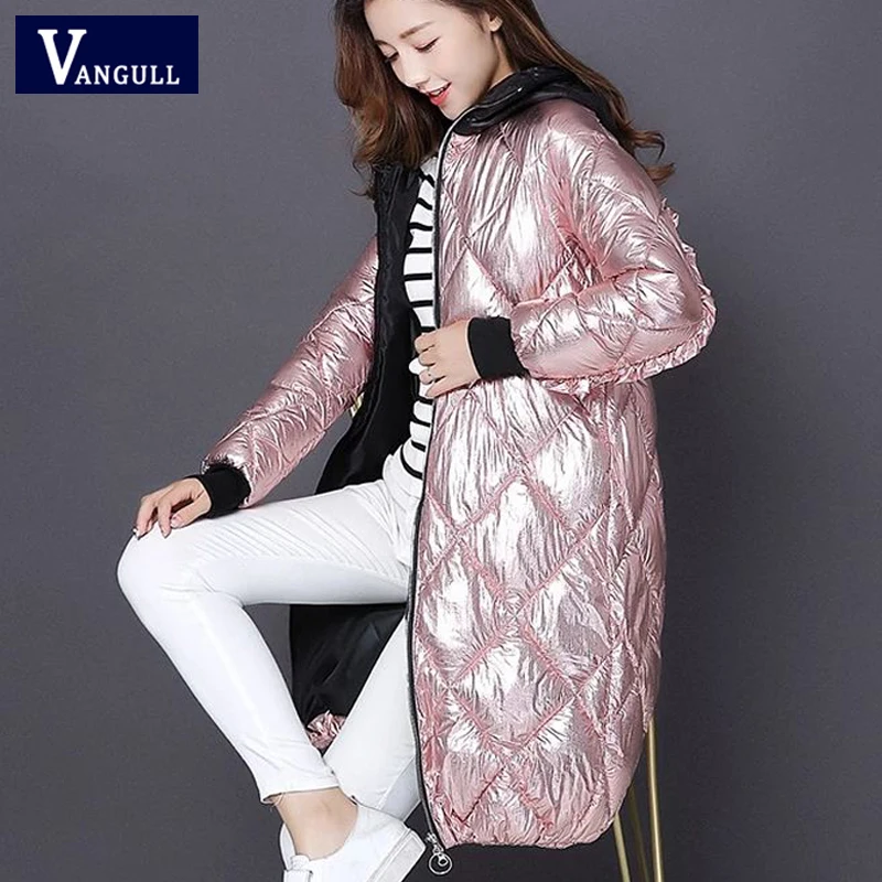 

Vangull Women Winter Hooded Parkas Coat High Street Fashion Metal color Spliced Long Parkas New Glossy Zipper Loose Outerwear