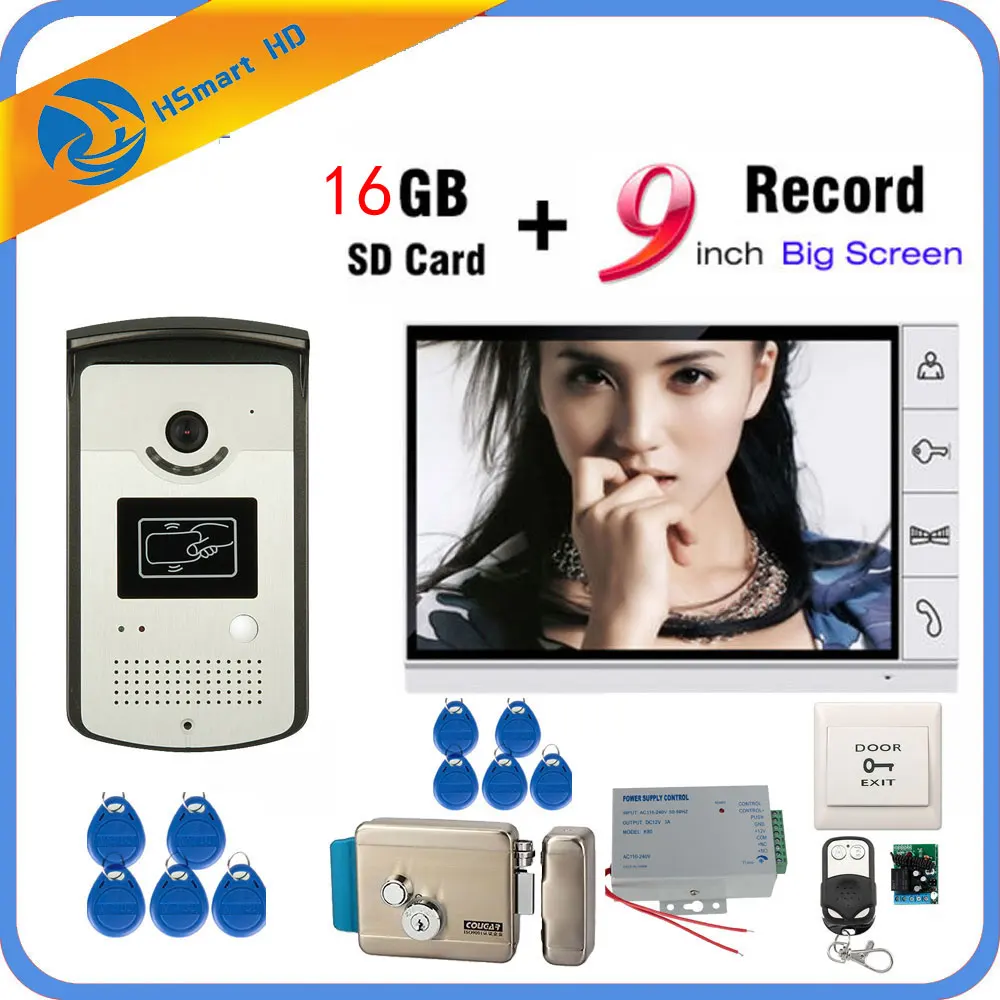 9 inch Video Door Phone Intercom Entry System 1 Monitor + RFID Access IR 700TVL Camera+Electric Lock add 16GB Card Video Record
