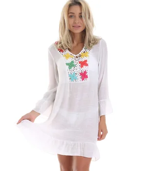 

New Ruffles Short Beach Dress 2019 Women New Long Sleeves Mini Dresses Bikini Cover Ups Ladies Summer Loose Plus Size Swimwear
