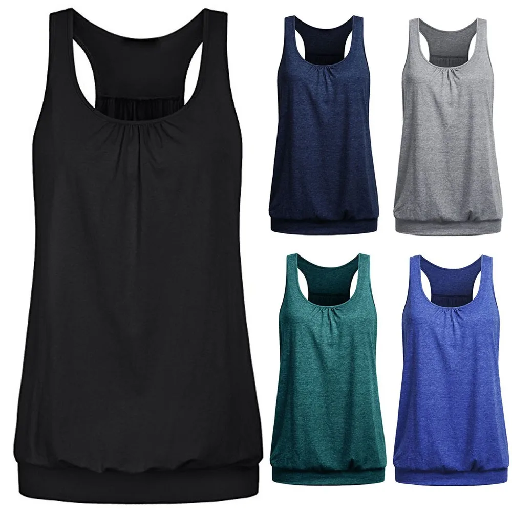 

Women Vest Summer shirt Tops Sleeveless Round Collar Wrinkle sleeve Back Loose Fashion Tank Workout Tops Gilet da donna