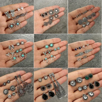

docona Vintage Silver Color Flower Owl Wing Cactus Stud Earrings Set for Women Bohemian Geometric Studs Earring Brincos 3298