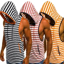 Новинка, одежда для спортзала, бодибилдинг, Мужская Летняя Повседневная Полосатая майка с капюшоном, без рукавов, жилет, блузка, мускуляция# C