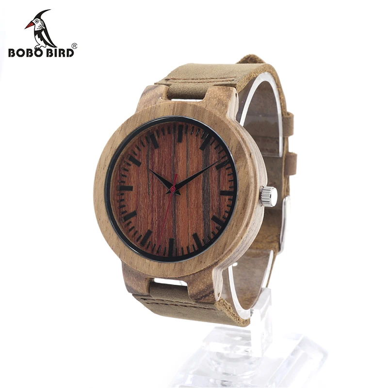 

BOBO BIRD Mens Zebra Wood Wristwatch Japan 2035 Movement Quartz Watch with Brown Leather Band Relogio Masculino Mujer V-C18