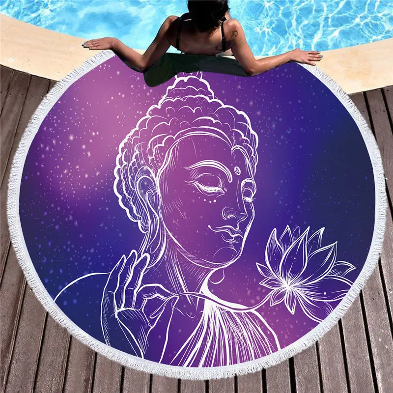 

1 Piece Polyester Soft Buddha Printed Beach Towel Round Summer Swimming Picnic Tablecloth Mat Purple Travel Camping Yoga Blanket